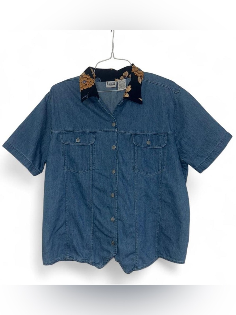 Capacity Woman Vintage Blue Jean Denim Button Up Shirt Floral Collar Tie Back